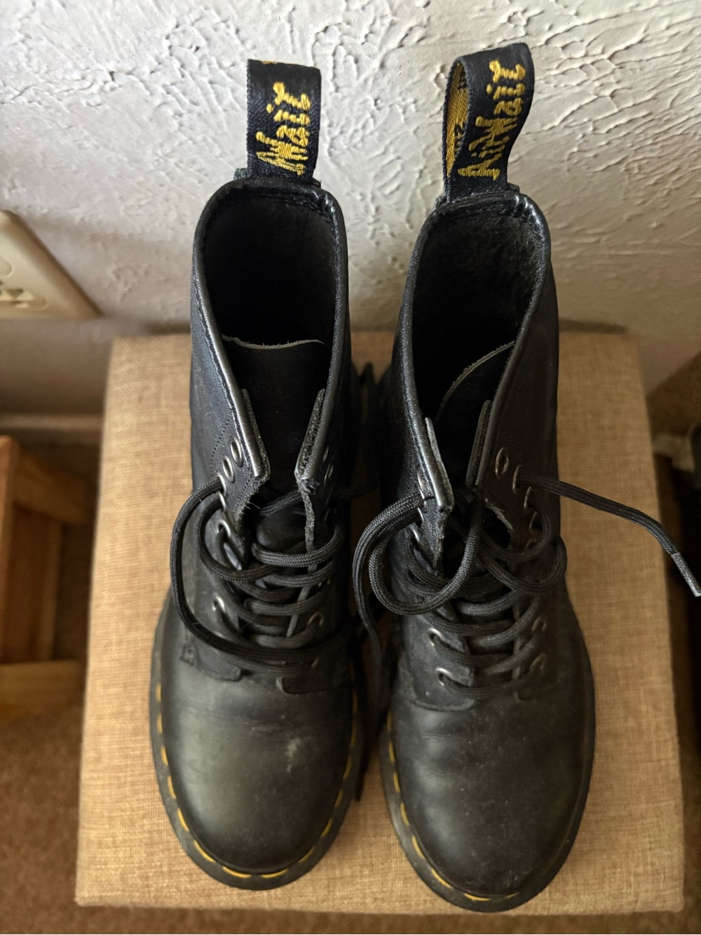 Dr. Martens Black Leather 8-Eye Lace-Up Boots with Yellow Stitching